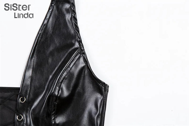 Sisterlinda Sexy Punk Y2K Black PU Leather Crop Top Womens Sleeveless Deep V Neck Backless Camisole Fashion Party Club Vests2021