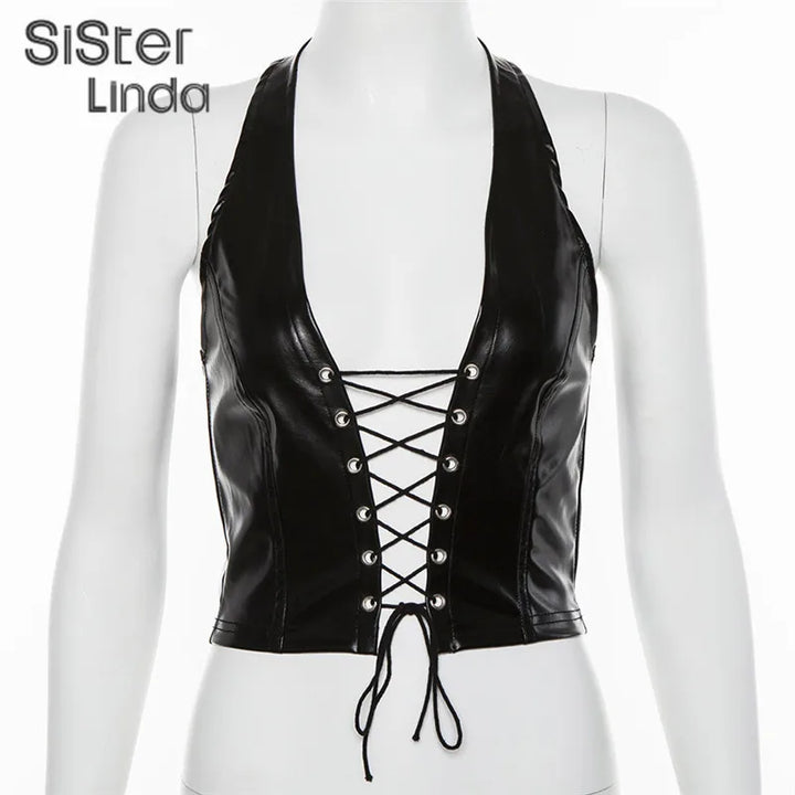 Sisterlinda Sexy Punk Y2K Black PU Leather Crop Top Womens Sleeveless Deep V Neck Backless Camisole Fashion Party Club Vests2021