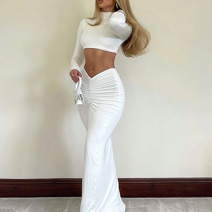 Cryptographic Elegant White Long Sleeve 2 Piece Set Outfits for Women Club Party Top and Dress Sets Long Ruched Matching Sets