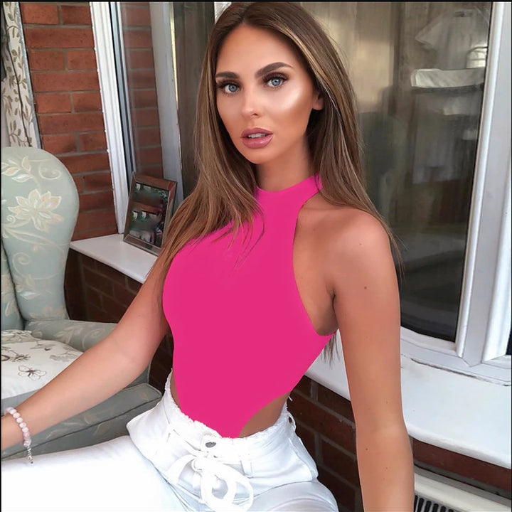Women Ladies Sexy Sleeveless Solid Color High Cut Slim Skinny Bodycon Club Beach Fashion Halter Bodysuits Leotard