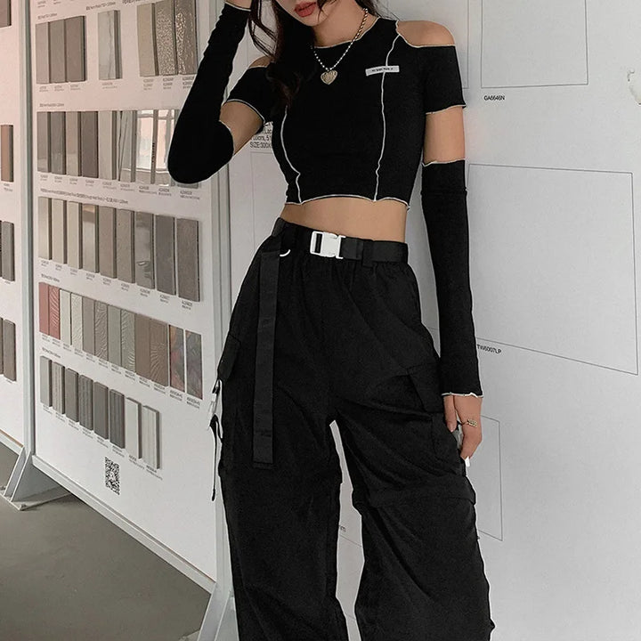 Patchwork Black T-shirts Gothic Y2k Crop Tops Ruffles Hem Hip Hop Techwear Women Tees