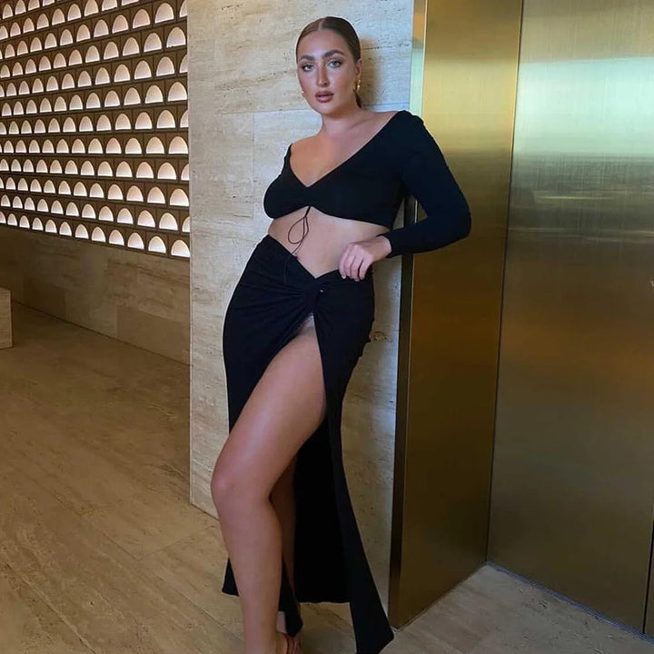 Cryptographic Autumn Fashion Outfits Top and Skirt Set Women Drawstring Ruched Long Sleeve Two Piece Set Bodycon Skirts Split
