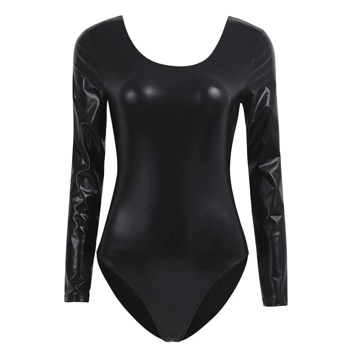Women's Bodysuit for Adult Shiny Patent Leather Gymnastics Leotard Jumpsuit Long Sleeves Bodyuit Dancewear Rave Party Clubwear