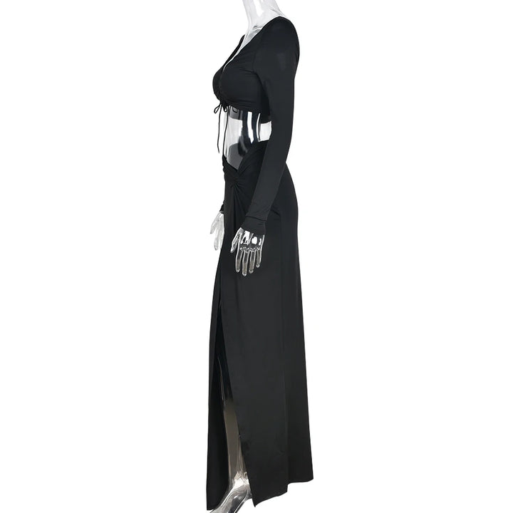 Cryptographic Autumn Fashion Outfits Top and Skirt Set Women Drawstring Ruched Long Sleeve Two Piece Set Bodycon Skirts Split