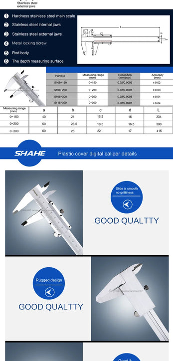SHAHE 200 mm 0.02 mm Stainless Steel Vernier Caliper Measuring Tools Caliper Vernier 200 mm
