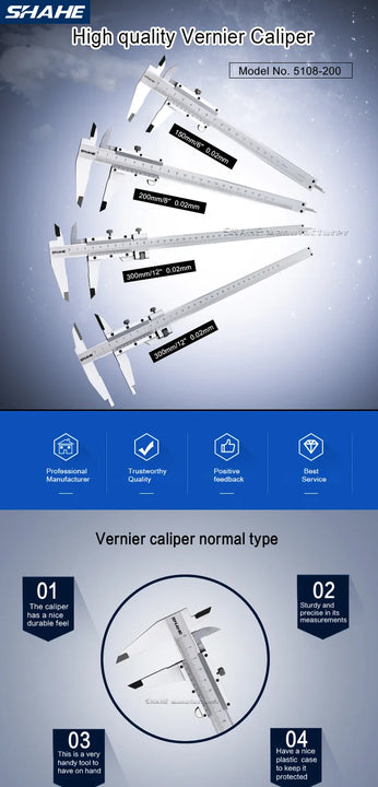 SHAHE 200 mm 0.02 mm Stainless Steel Vernier Caliper Measuring Tools Caliper Vernier 200 mm