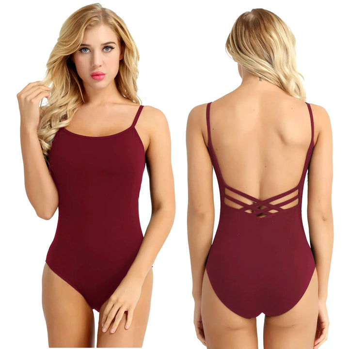 Ballet Dance Leotard Womens Adult Mesh Splice Gymnastics Bodysuit Dancewear One-Piece Backless Training Costume