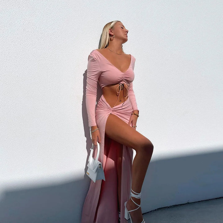 Cryptographic Autumn Fashion Outfits Top and Skirt Set Women Drawstring Ruched Long Sleeve Two Piece Set Bodycon Skirts Split