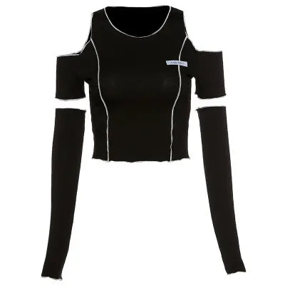 Patchwork Black T-shirts Gothic Y2k Crop Tops Ruffles Hem Hip Hop Techwear Women Tees