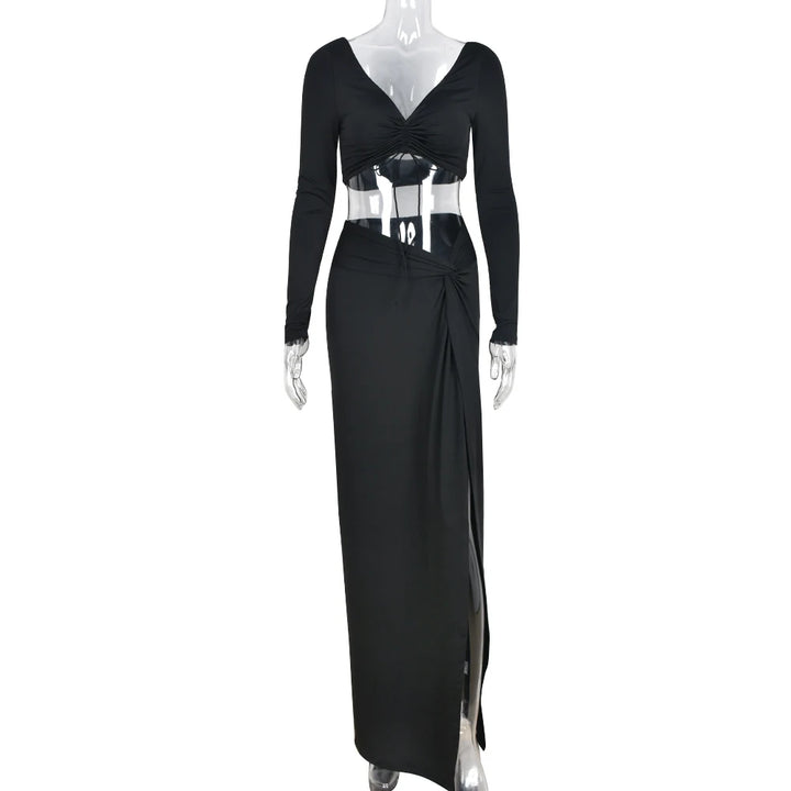Cryptographic Autumn Fashion Outfits Top and Skirt Set Women Drawstring Ruched Long Sleeve Two Piece Set Bodycon Skirts Split