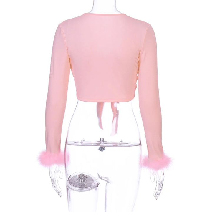 long sleeve fur V-neck wrapped bandage sexy crop tops autumn winter women streetwear club party outfits T-shirts