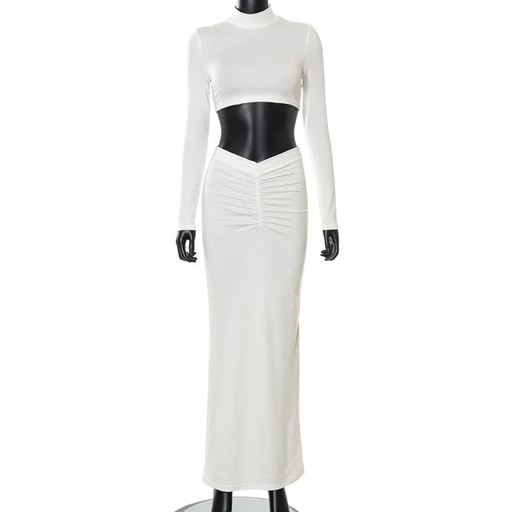 Cryptographic Elegant White Long Sleeve 2 Piece Set Outfits for Women Club Party Top and Dress Sets Long Ruched Matching Sets