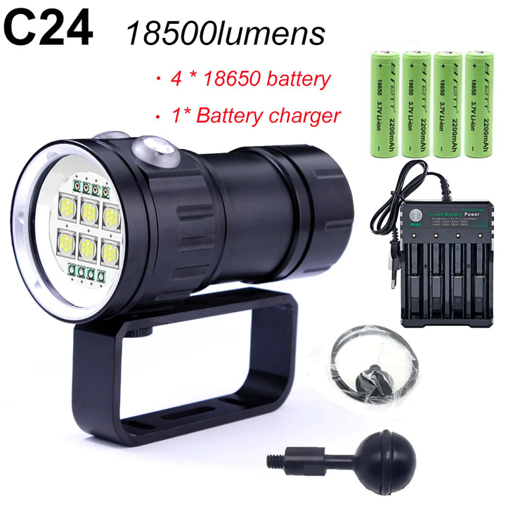 Super bright Diving Flashlight Portable IPX8 Underwater Waterproof Torch Lamp Highlight 20000Lumens Tactical Camera Fill Light