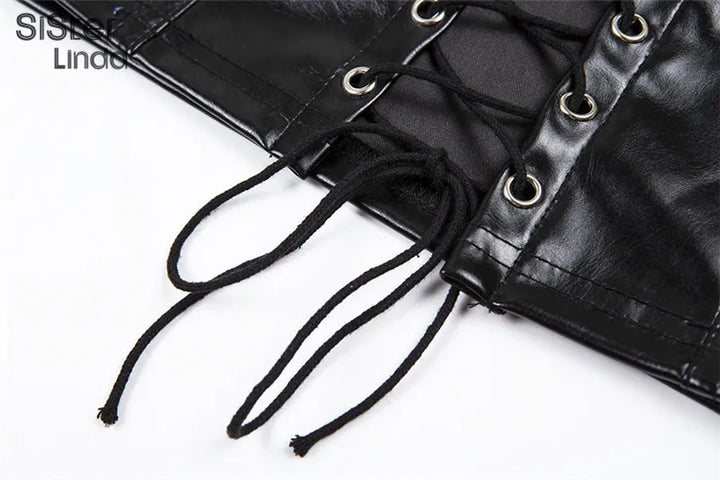 Sisterlinda Sexy Punk Y2K Black PU Leather Crop Top Womens Sleeveless Deep V Neck Backless Camisole Fashion Party Club Vests2021