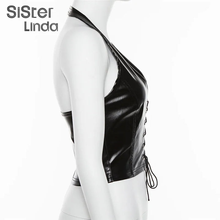 Sisterlinda Sexy Punk Y2K Black PU Leather Crop Top Womens Sleeveless Deep V Neck Backless Camisole Fashion Party Club Vests2021