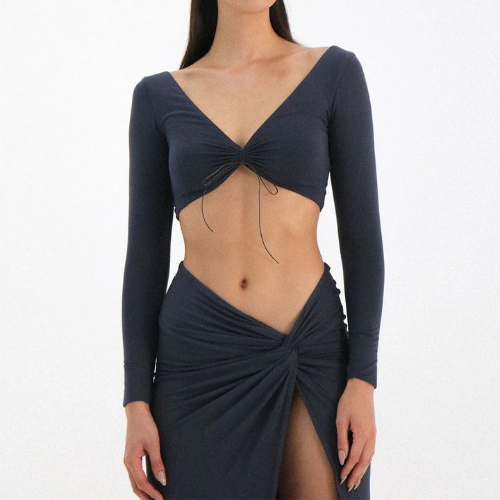 Cryptographic Autumn Fashion Outfits Top and Skirt Set Women Drawstring Ruched Long Sleeve Two Piece Set Bodycon Skirts Split