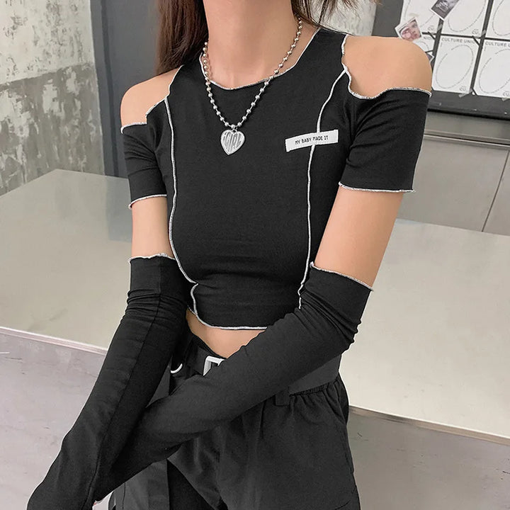 Patchwork Black T-shirts Gothic Y2k Crop Tops Ruffles Hem Hip Hop Techwear Women Tees