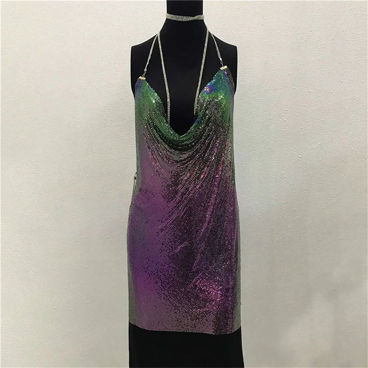 Sexy see through Chain Sequin summer dress women backless mini birthday party dress night club outfits evening dresses vestidos