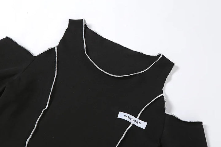 Patchwork Black T-shirts Gothic Y2k Crop Tops Ruffles Hem Hip Hop Techwear Women Tees
