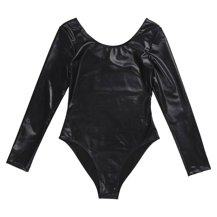 Women's Bodysuit for Adult Shiny Patent Leather Gymnastics Leotard Jumpsuit Long Sleeves Bodyuit Dancewear Rave Party Clubwear