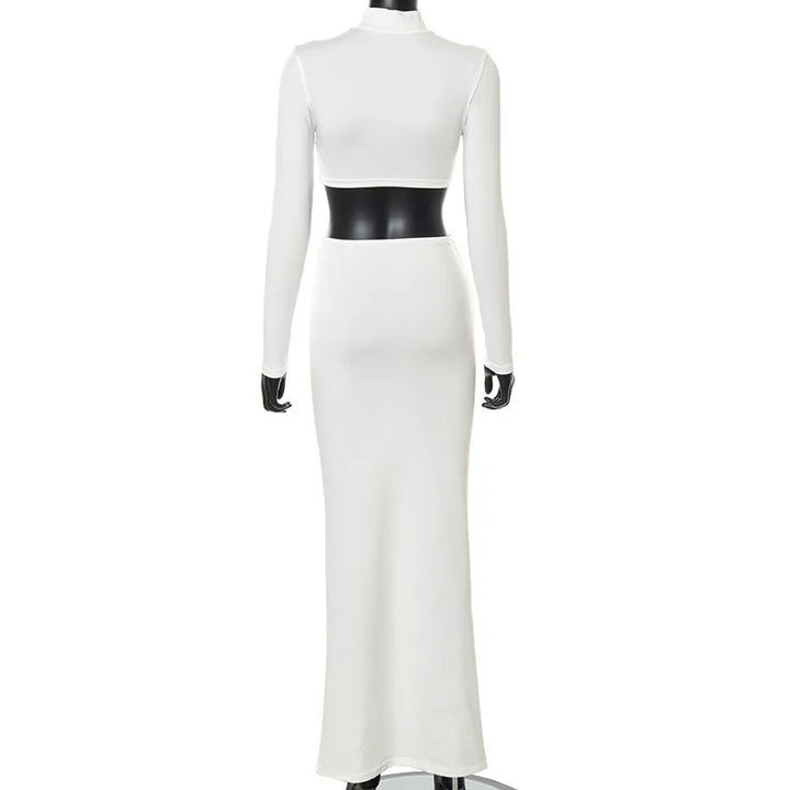 Cryptographic Elegant White Long Sleeve 2 Piece Set Outfits for Women Club Party Top and Dress Sets Long Ruched Matching Sets