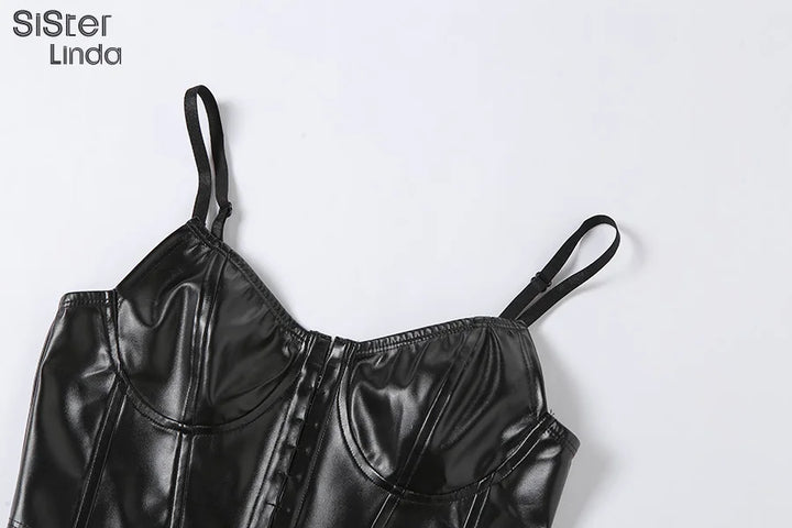Sisterlinda Sexy Punk Y2K Black PU Leather Crop Top Womens Sleeveless Deep V Neck Backless Camisole Fashion Party Club Vests2021