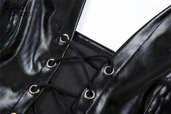 Sisterlinda Sexy Punk Y2K Black PU Leather Crop Top Womens Sleeveless Deep V Neck Backless Camisole Fashion Party Club Vests2021