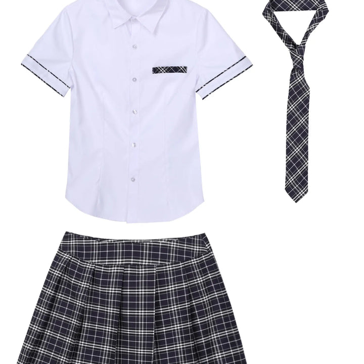 Women School Girls Uniform Set Cosplay Costume Tie Top Shirt with Plaid Skirt Cheerleader Uniform Cheerleading Costume