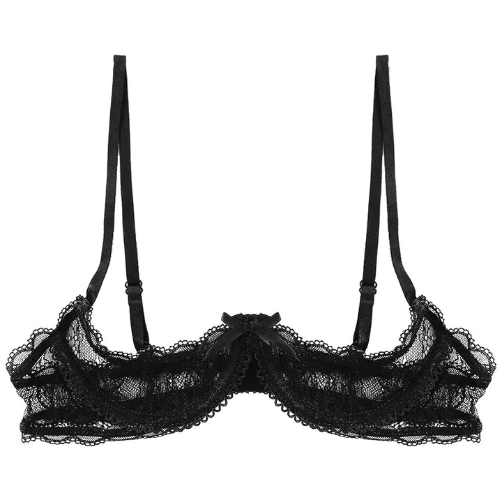 Women's Sheer Lace Lingerie Sexy Half Cup Bare Exposed Breast Underwire Push Up Bra Tops Adjustable Straps Unlined Brassiere