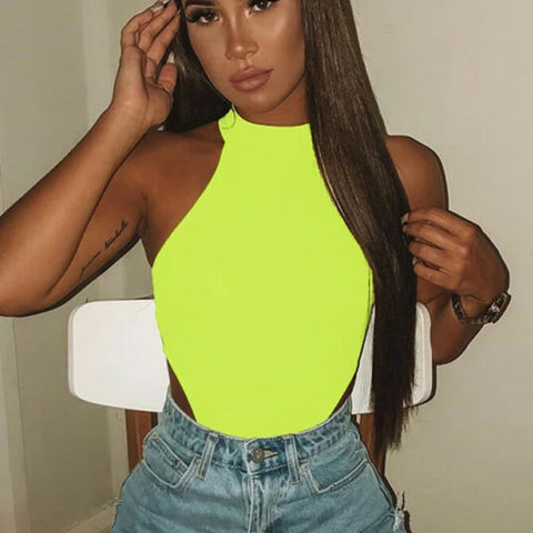 Women Ladies Sexy Sleeveless Solid Color High Cut Slim Skinny Bodycon Club Beach Fashion Halter Bodysuits Leotard