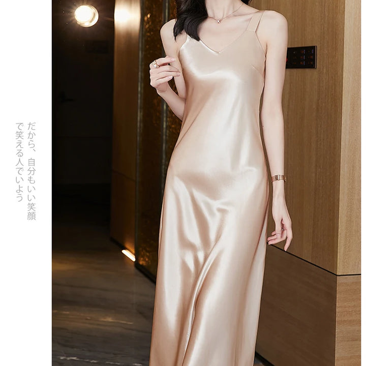 #4938 Sleeveless Spaghetti Straps Midi Satin Dress Women Solid Color V-neck Sexy A-line Party Dresses Women Evening Summer 2024