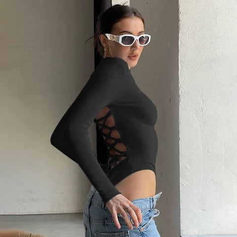 Harajuku Beachwear Bodysuit Cross Bandage Playsuit Sexy Body Solid Casual  Women Bodies Top Spring Autumn Backless Bodycon Tops