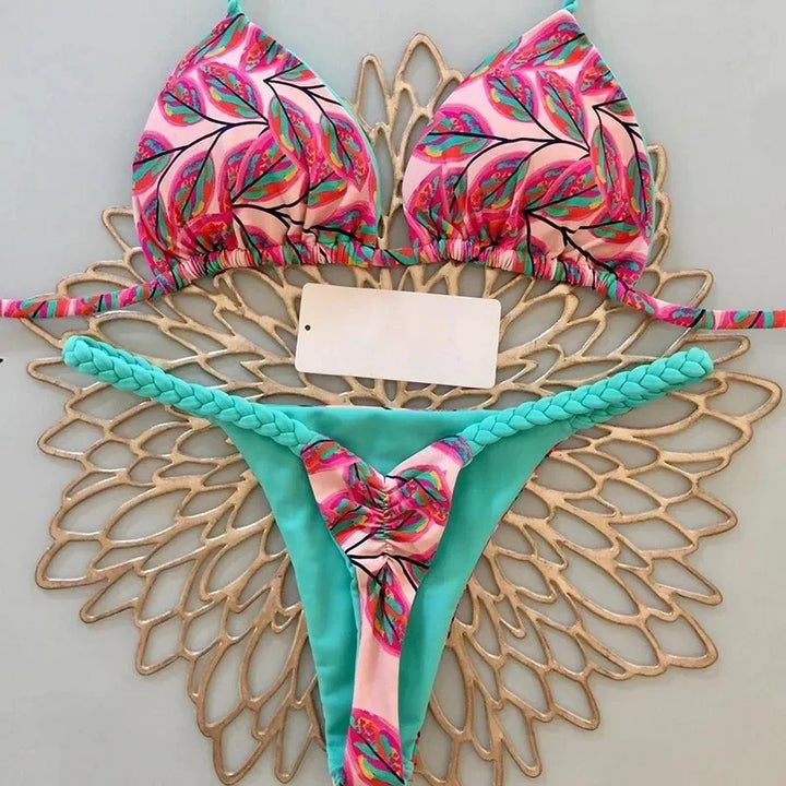 New Women's Bikini Split Print Swimwear Fashion G-string Beach Holiday