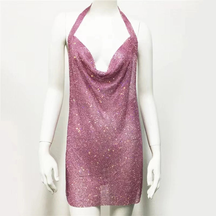 New European and American women's clothing, metal sequins, rhinestone suspender, sexy party, sweet and spicy style dress