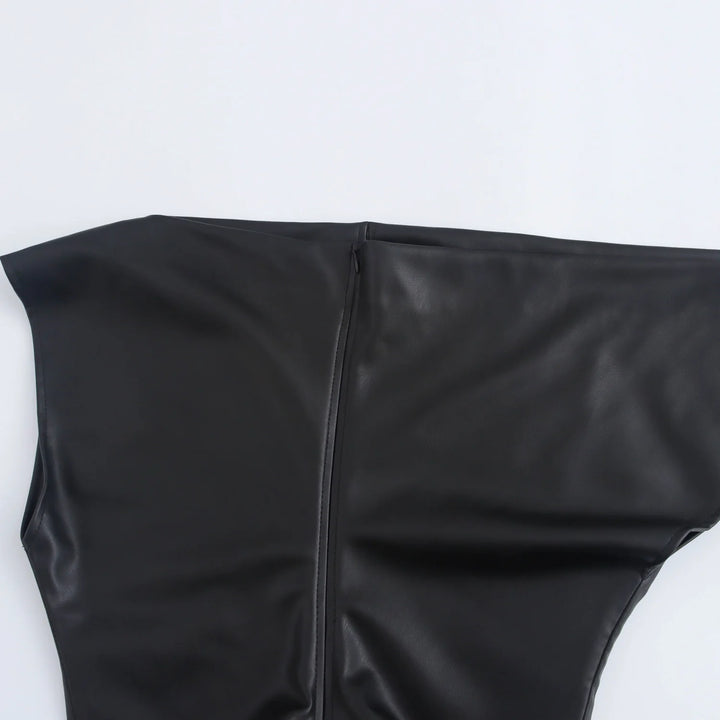 KAOPU ZA Women draped faux leather midi dress vintage flowing neck asymmetric sleeves female dresses mujer