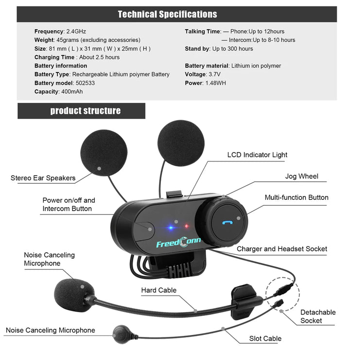 Freedconn T Com VB Motorcycle Helmet Headset Bluetooth Stereo Intercom Call Wireless Communication Interphone FM Music Sharing