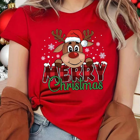 Merry Christmas Cute Reindeer Print Red T-Shirts for Women Casual Short Sleeve O-neck T-Shirts Ladies Christmas Party Tops
