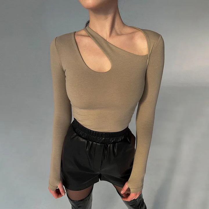 Y2k Casual Basic Bodysuit Women Long Sleeve Sexy Hollowing Irregularity Body Korean Top Cotton Bodycon Jumpsuit Romper Ladies