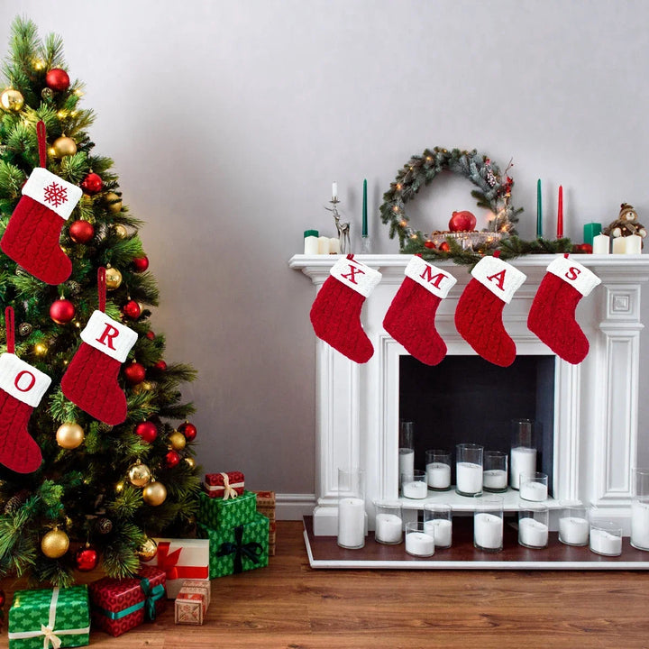 Xmas 2024 Decor Christmas Socks Knitting Snowflake Letter Stocking Christmas Tree Decoration Home 2025 New Year Ornament Gift