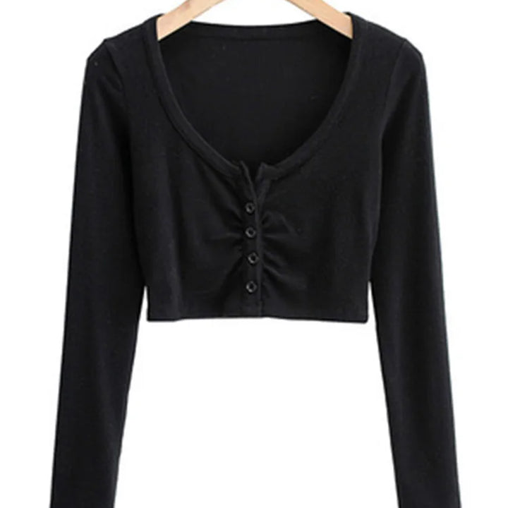 Slim V-neck Long Sleeve Bottomed Womens Tops And Blouses High Street Solid Color Open Navel Cardigan