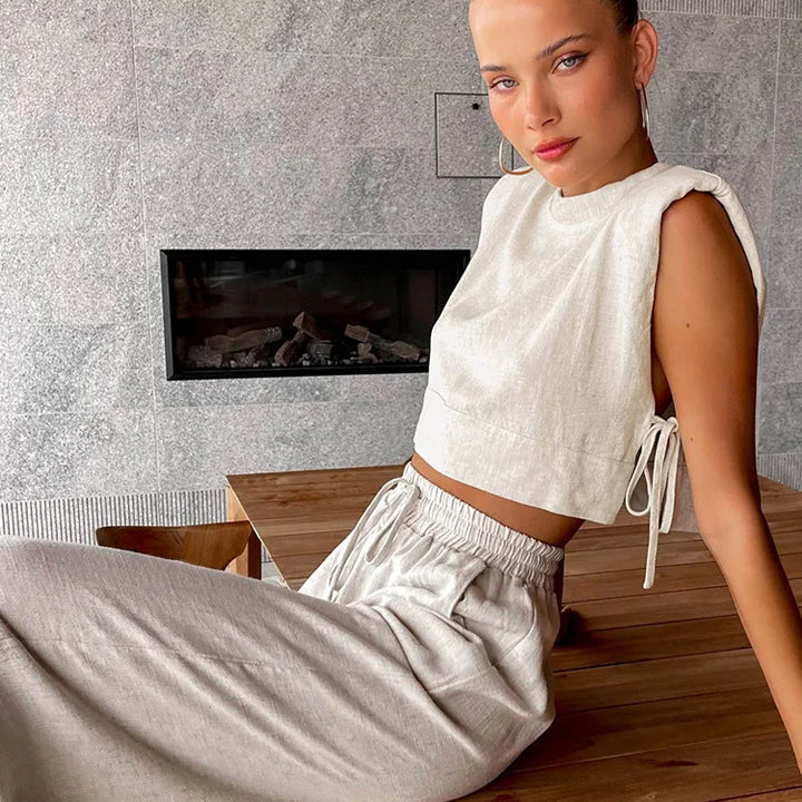 Spring Summer 2025 Women Holiday Linen Pant Set Crop Tops Solid Outfits 2 Two Piece Matching Set For Women