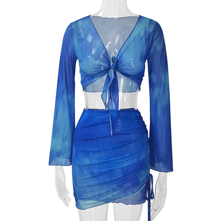 Fashion V-Neck Flare Sleeve Tie Dye Tops Mini Skirt Suit Women Mesh Tees Lace Up Skirts New Summer Female 2 Piece Set Outfits