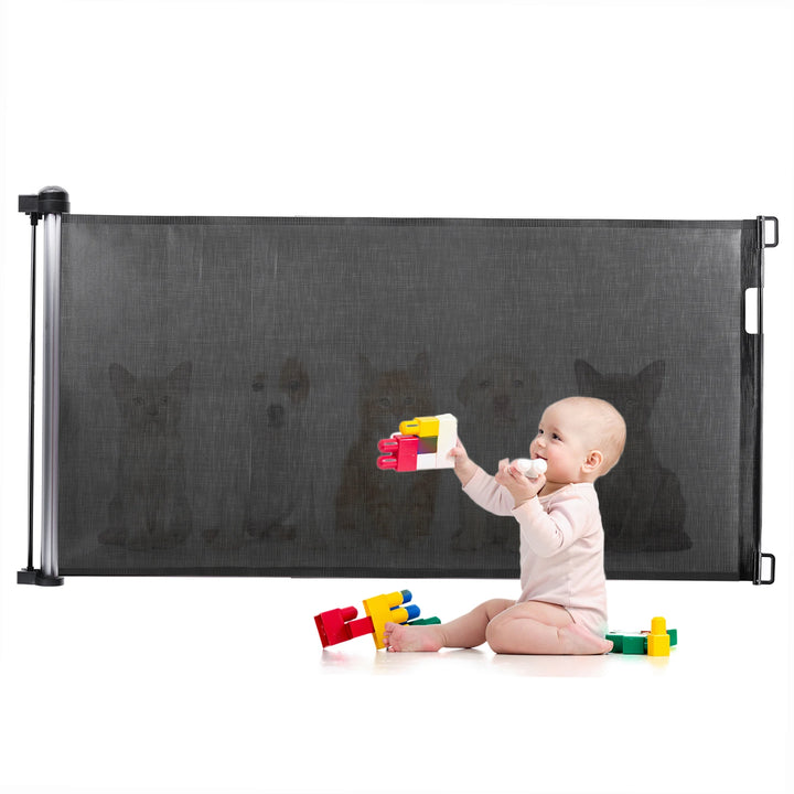 Retractable Pet Dog Mesh Fence Baby Safety Gate 34 inch Tall Extends to 61 inch Wide Indoor Outdoor Baby Gate Safety Barrier