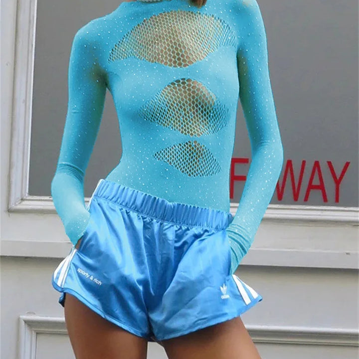 Fantoye Sexy Mesh Transparent Long Sleeve Skinny High Stretch Hollow Out Solid Thin Female Bodysuit Club Wear New Hot
