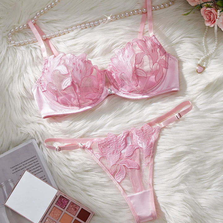 Floral Embroidery Sexy Lingerie Set Women Transparent Bralette Underwire Push Up Bra Panty 2 Piece Set