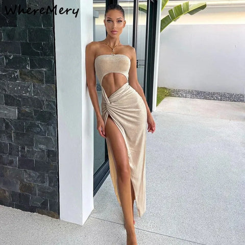 WhereMery Sexy Sleeveless Slit Dress Hollow Out Elegant Skinny Women Long Dresses Summer 2024 Fashion Ladies Party Club Vestidos