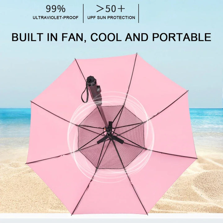 Sun Umbrella with Fan Misting,Portable Fan for UPF 50+ Sun,Cooling Umbrella,Summer Cooler for Outdoor Beach,Battery Powered