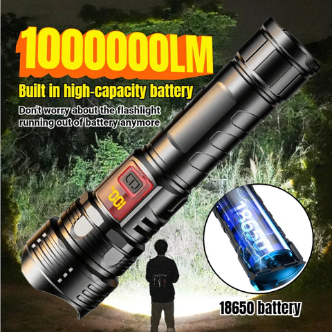 FLSTAR FIRE White Laser LED Tactical Flashlight Outdoors Camping USB Rechargeable Lantern Digital Display Telescopic Zoom Torch