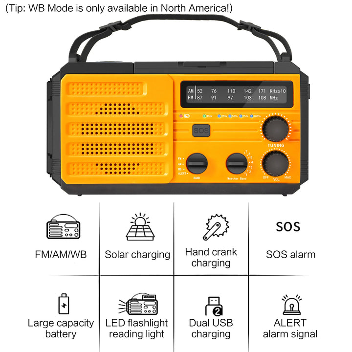 Weather Radio Emergency Multifunctional Radio FM AM WB Hand Crank Solar USB Charging 2000mAh Power Bank LED Flashlight Torch