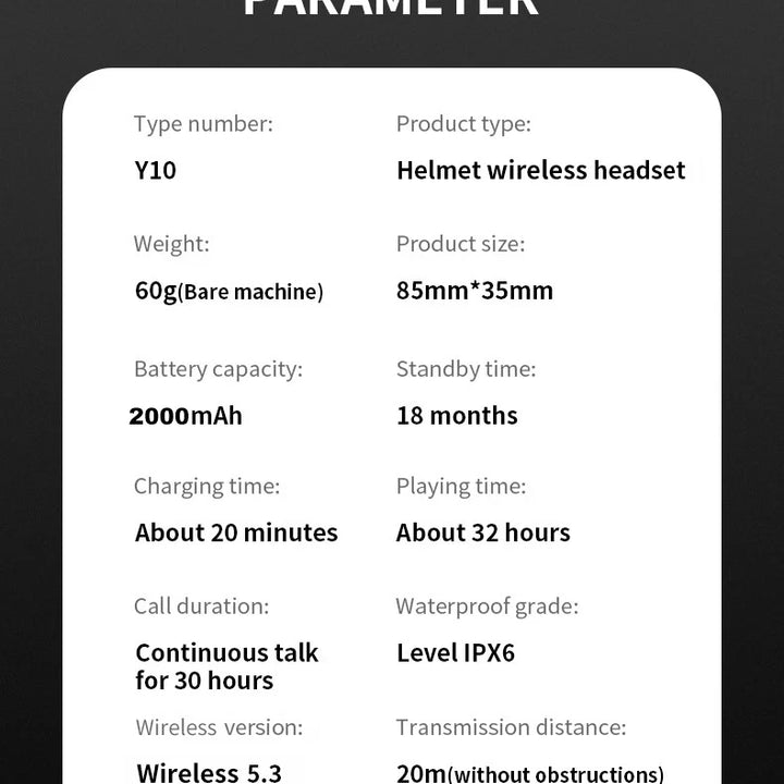 Y10 Motorcycle Helmet Bluetooth Headset 2000Mah Super Long Standby Wireless Hands-free Waterproof Motorbike Earphone